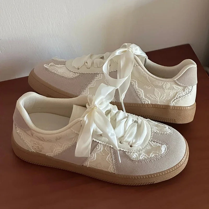 Cream French Lace Satin Ribbon Vintage Sneakers For Women
