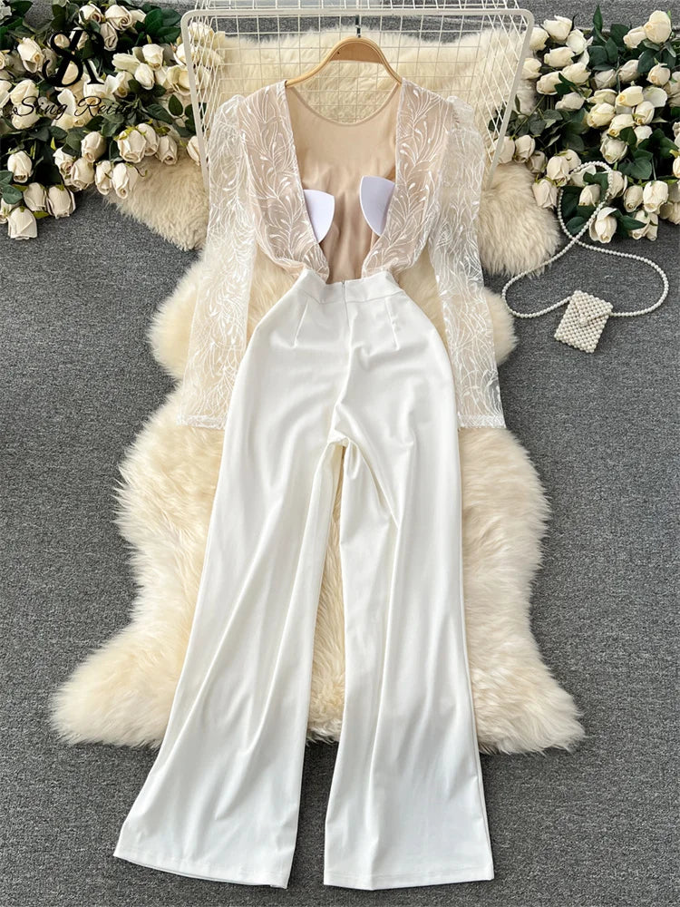 Embroidered Long Sleeve Backless Jumpsuit for Women