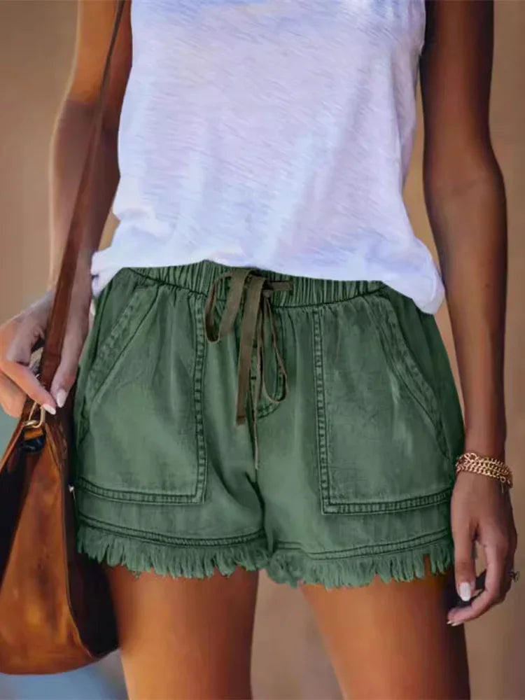 Drawstring Elastic Waist Denim Shorts With Frayed Hem and Pockets for Women