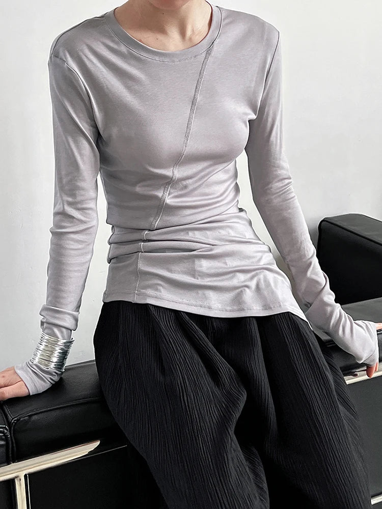 [EAM] Women Gray Thin Perspective Slim Irregular T-shirt New Round Neck Long Sleeve Fashion Tide Spring Autumn 2025 1DH9981