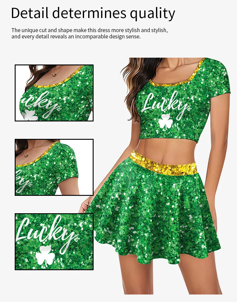 Festive Irish Green Shamrock Plaid Knit Skirt Set for Women