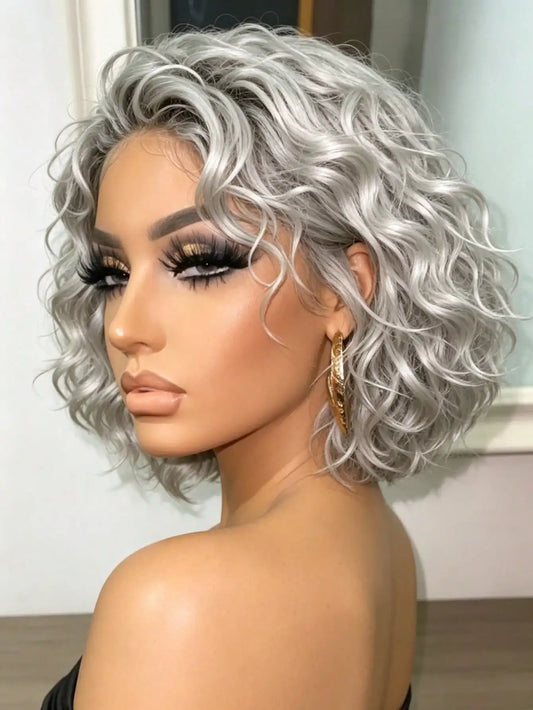 Silver Grey Deep Wave HD Lace Front Bob Wig for Women