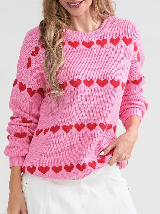 Women Valentine's Day Knit Sweater Heart Print Long Sleeve Round Neck Pullovers Fall Winter Casual Loose Knitted Jumpers Tops