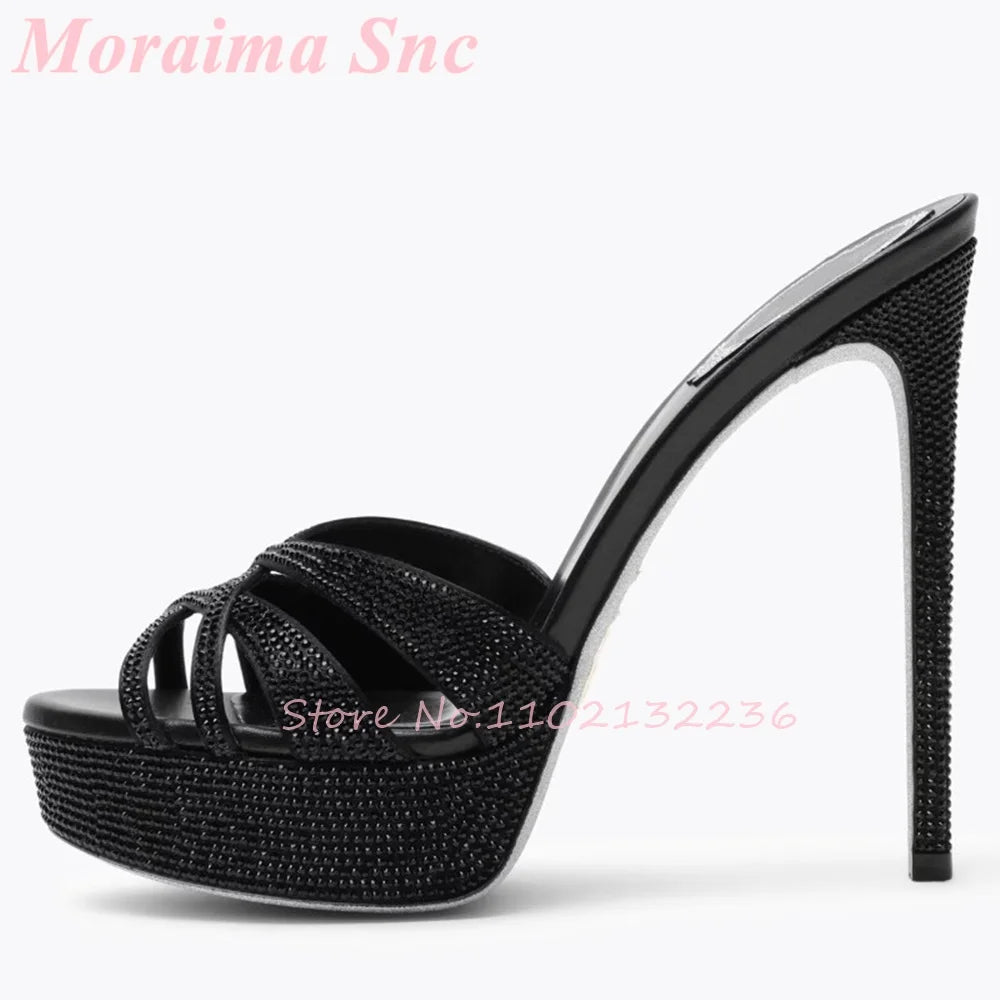 Crystal Rhinestone Platform Stiletto Crisscross Mules for Women