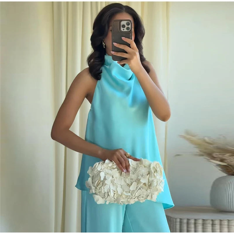 Turquoise Satin Cowl Neck Halter Top And Wide Leg Pants 2 Piece Set For Women