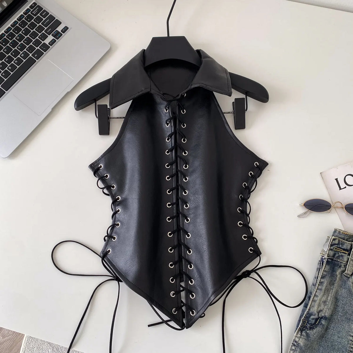Retro Lace Up Faux Leather Sleeveless Bustier Top for Women