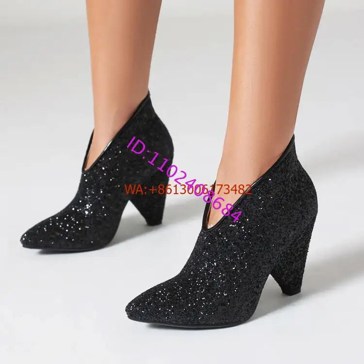 New Blingbling Pointed Toe Women Chunky Spike Heel Sequins Ankle Boots V Open Slip On Spike Heel Pointy Sequined Boots Size 43