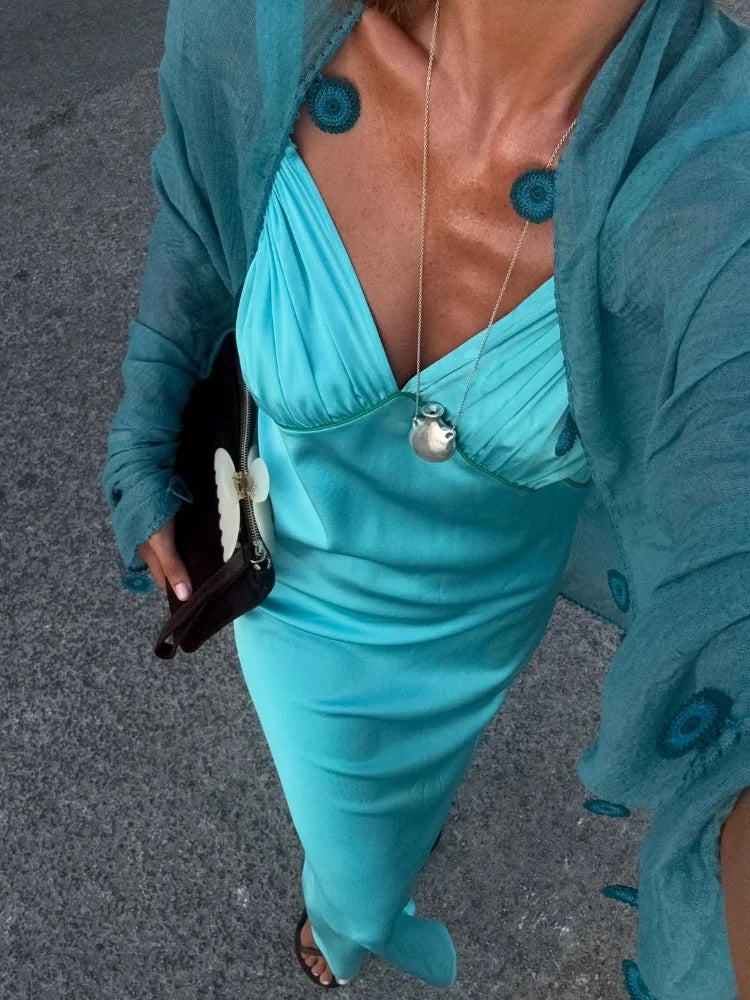 Women Solid Sling Maxi Dress Fashion Elegant Backless V-neck Sleeveless Satin High Waist Dresses 2025 Summer Lady Party Robes