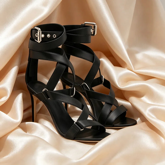 Black Buckle Wrap Sandals
