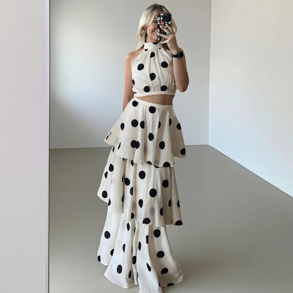 Polka Dot Sleeveless Pleated Two Piece Dress Set for Women