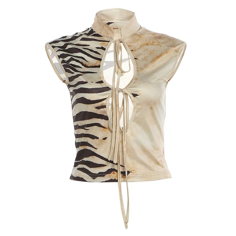 Tiger Print Tassel Cutout Slim Fit Vest Top for Women