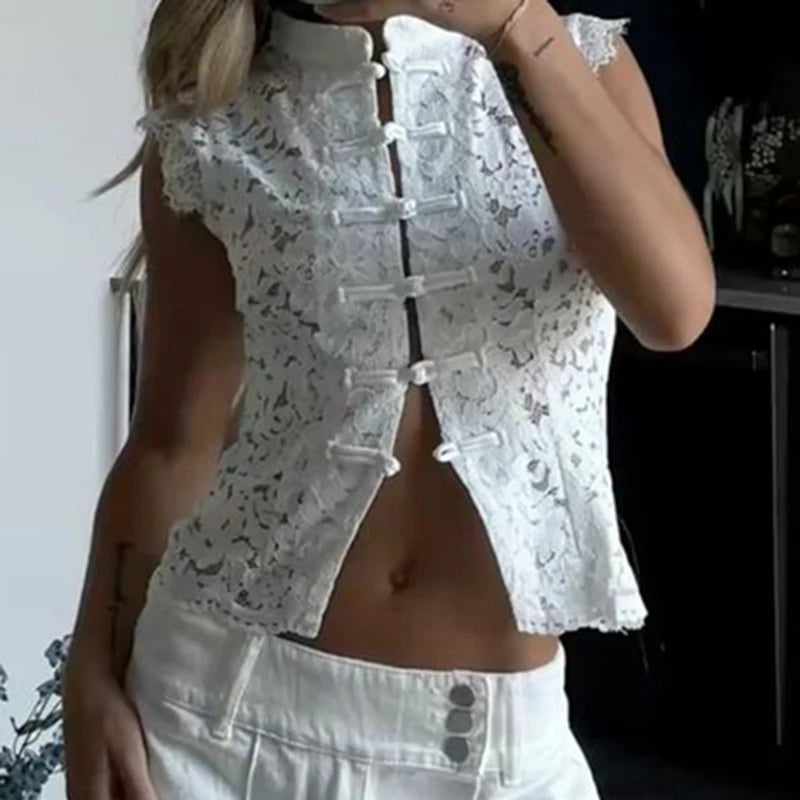 Floral Lace Front Hollow Out Split Mandarin Collar Tank Top for Women