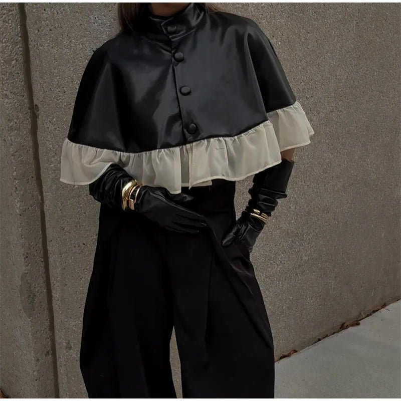 Elegant Mesh Patchwork Short Cape Coat With Stand Collar for Women