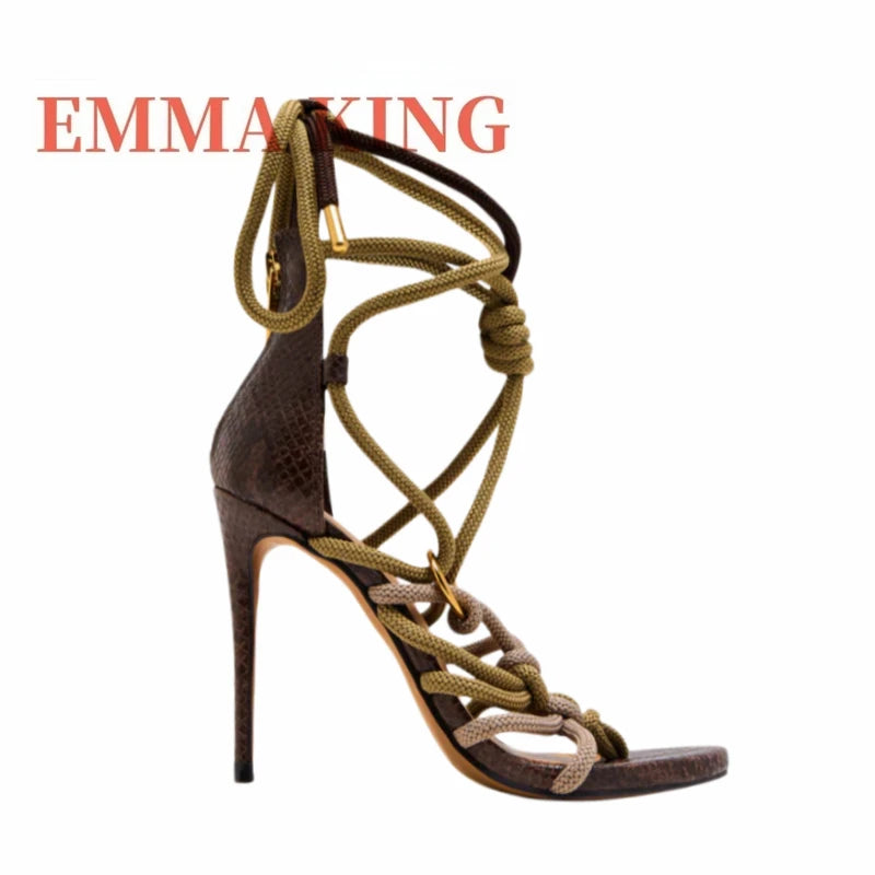 Open Toe Knotted Lace Up Braided Rope Wrap Stiletto Sandals for Women