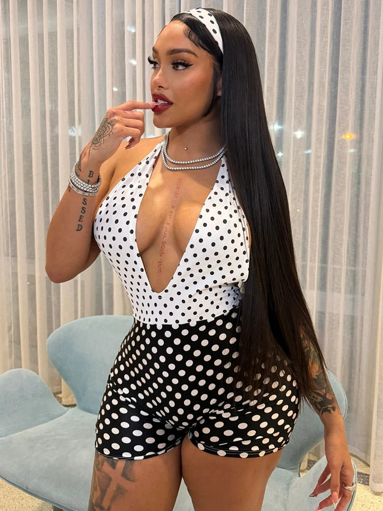 Halter Neck Backless Polka Dot Stretch Romper for Women