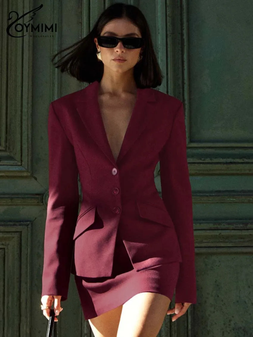 Oymimi Fashion Wine Red Two Piece Set For Women Elegant Long Sleeve Single Breasted Blazers And Slim Simple Mini Skirts Sets