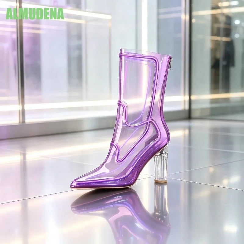 Pointed Toe Transparent Chunky Heel Ankle Boots for Women