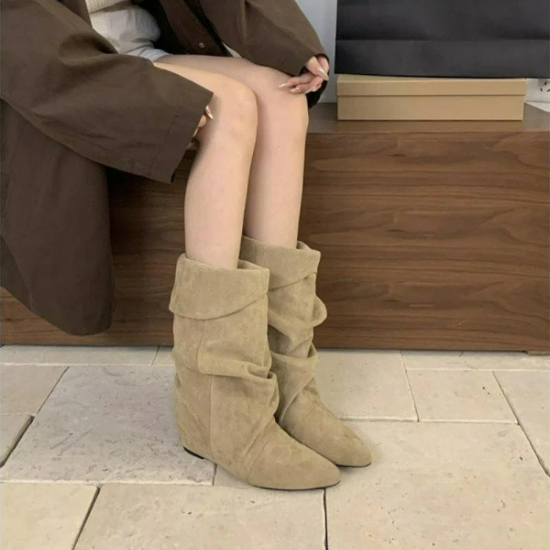 Pleated Pointed Toe Mid Calf Western Boots for Women