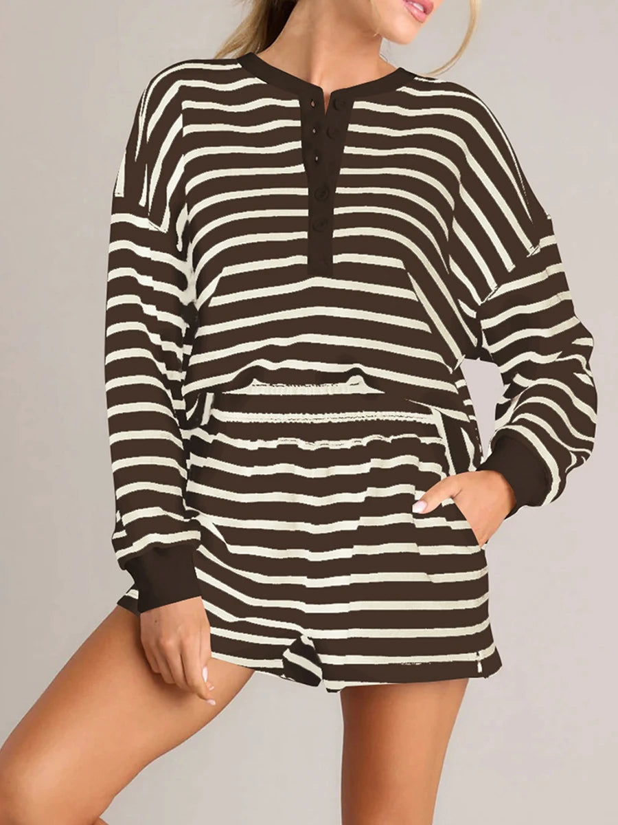 Women'S Striped Long Sleeved Shorts Set Long Sleeved T-Shirt With Elastic Waist Shorts Spring and Autumn Sports Set