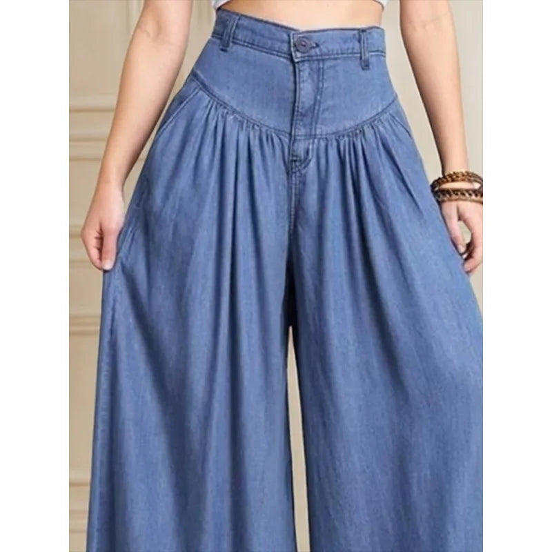 Women's Imitation Denim High Waist Wide Leg Palazzo Pants 2026 New Spring Fashion Pleated Casual Streetwear Y2K Style Trousers