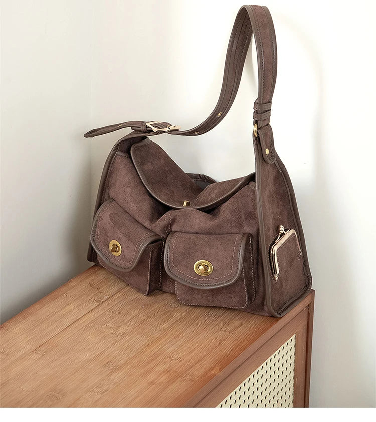 Casual Commuter Large Capacity Suede Pillow Bag Single Shoulder Crossbody Bag Vintage Style Polyester Lining Zipper Closure
