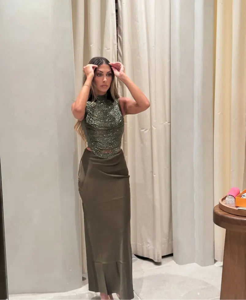 Chic Elegant Evening Party Suits Women Tassel Tank Crop Tops Satin Long Skirt Two Piece Set 2026 New Ladies Outfits