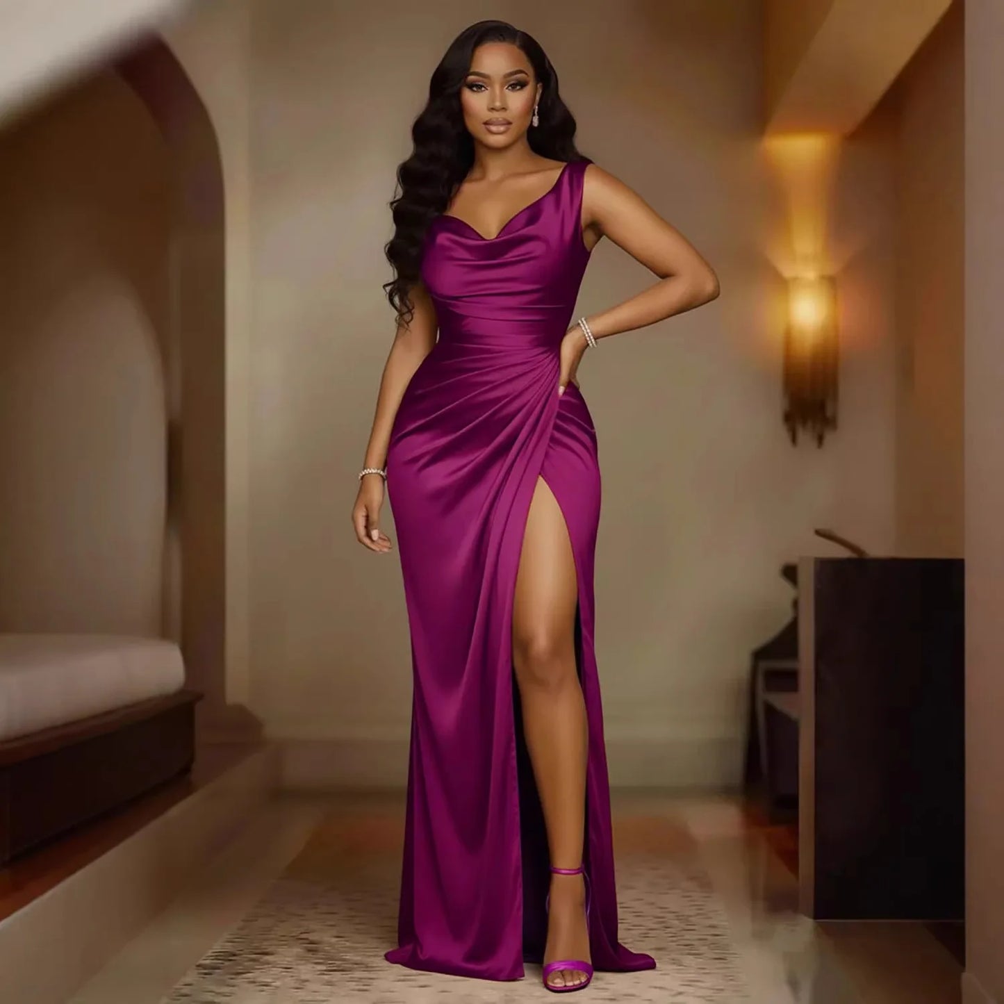 Elegant Satin Cowl Neck Sleeveless Maxi Dress for Women