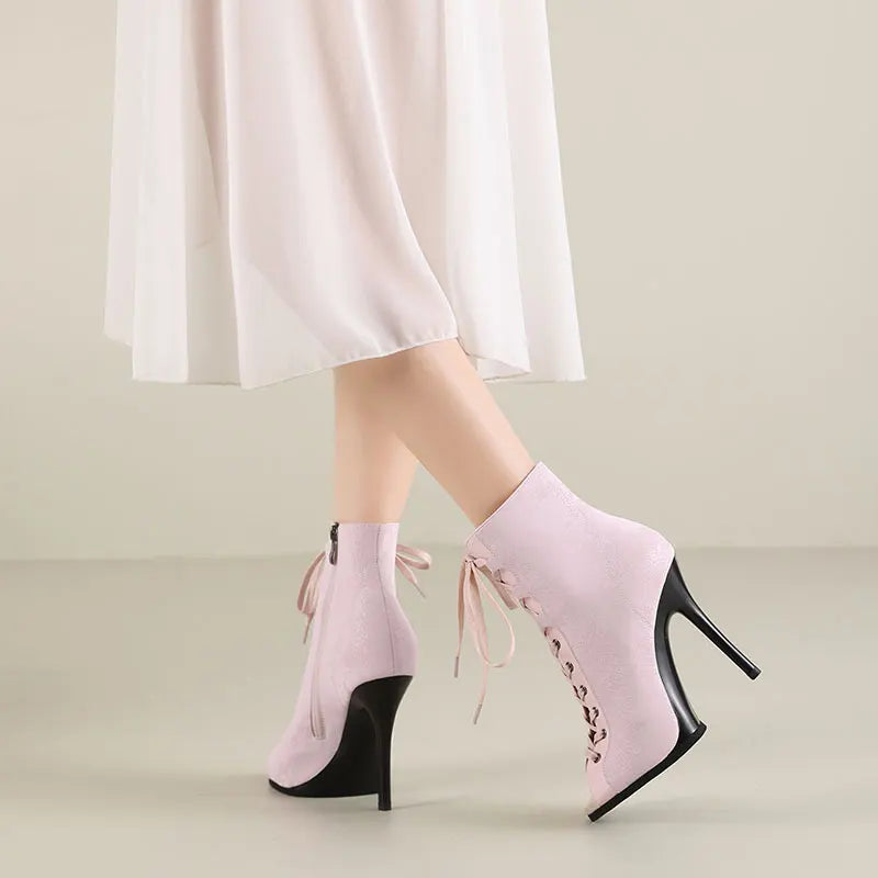 Lace Up Peep Toe High Heel Dance Ankle Boots for Women