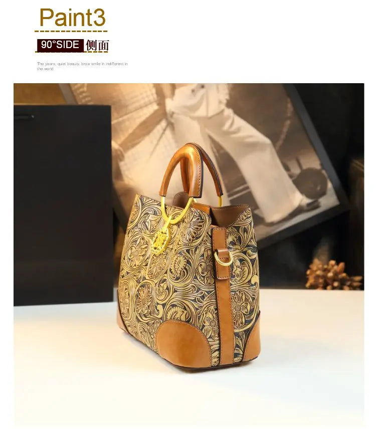 Retro Cowhine Carved Women Bag Handhold Bucket Leather Commuting Shoulder Underarm Crossbody Bags for Women