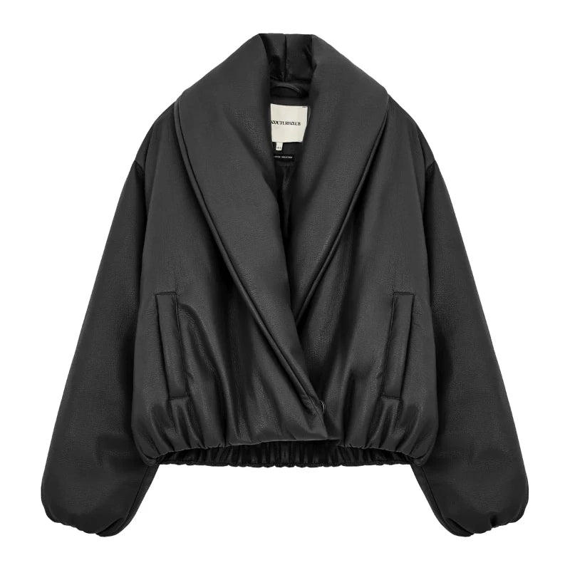 PU Leather Women's Cotton Coat Vintage Laple Full Sleeve Thicken Pockets Female Parka Jackets 2025 Autumn Winter Lady Streetwear