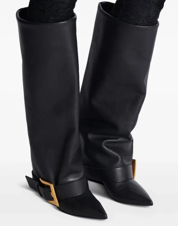 Design Women Metal High Heel Pointed Toe Belt Buckle Knee High Boots Sexy Women Pointy Gold Belt Buckle Knee Boots Plus Size 46