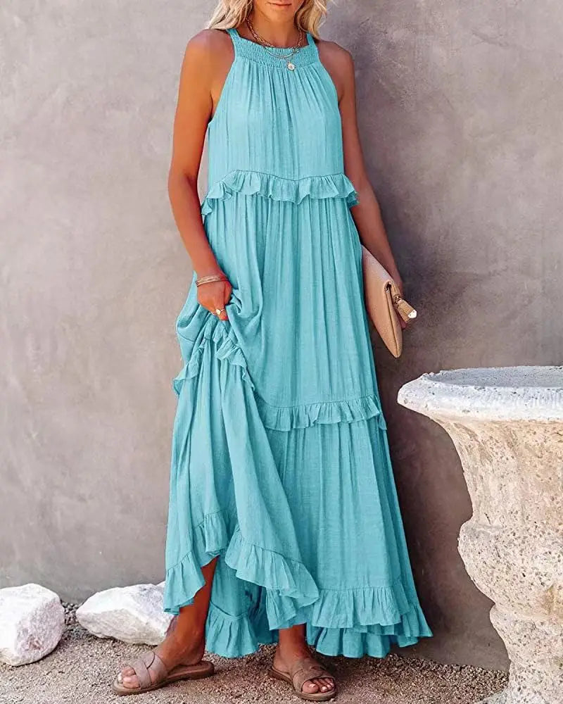 Solid Ruffled Sleeveless Maxi Sundress for Women