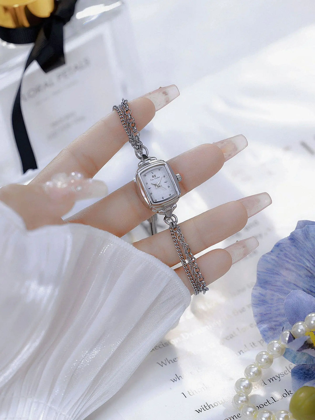 Light Blue Bracelet Watch With Silver Quartz Movement for Women