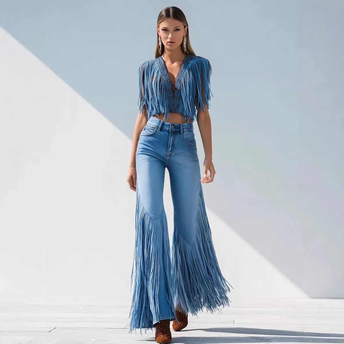 Dark Blue Loose Asymmetrical Tassel Denim Jeans For Women
