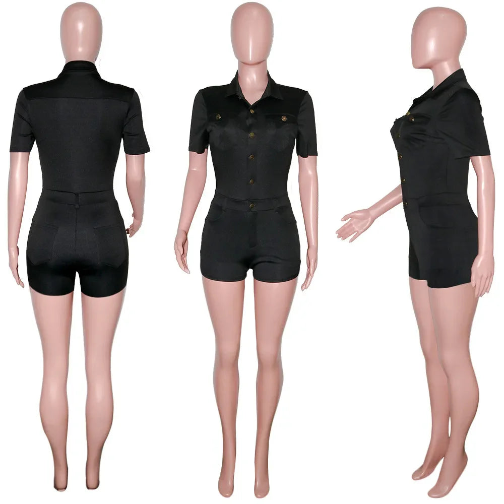 Summer V Neck Mesh Cargo Short Jumpsuit for Women