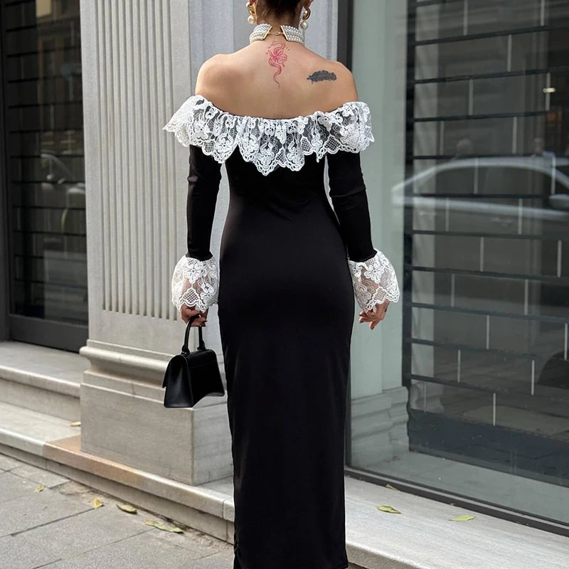 Elegant Off Shoulder Ruffle Wrap Hip Dress 2026 Sexy Lace Splicing Solid Long Dress Women's Casual Flared Sleeves Party Dresses