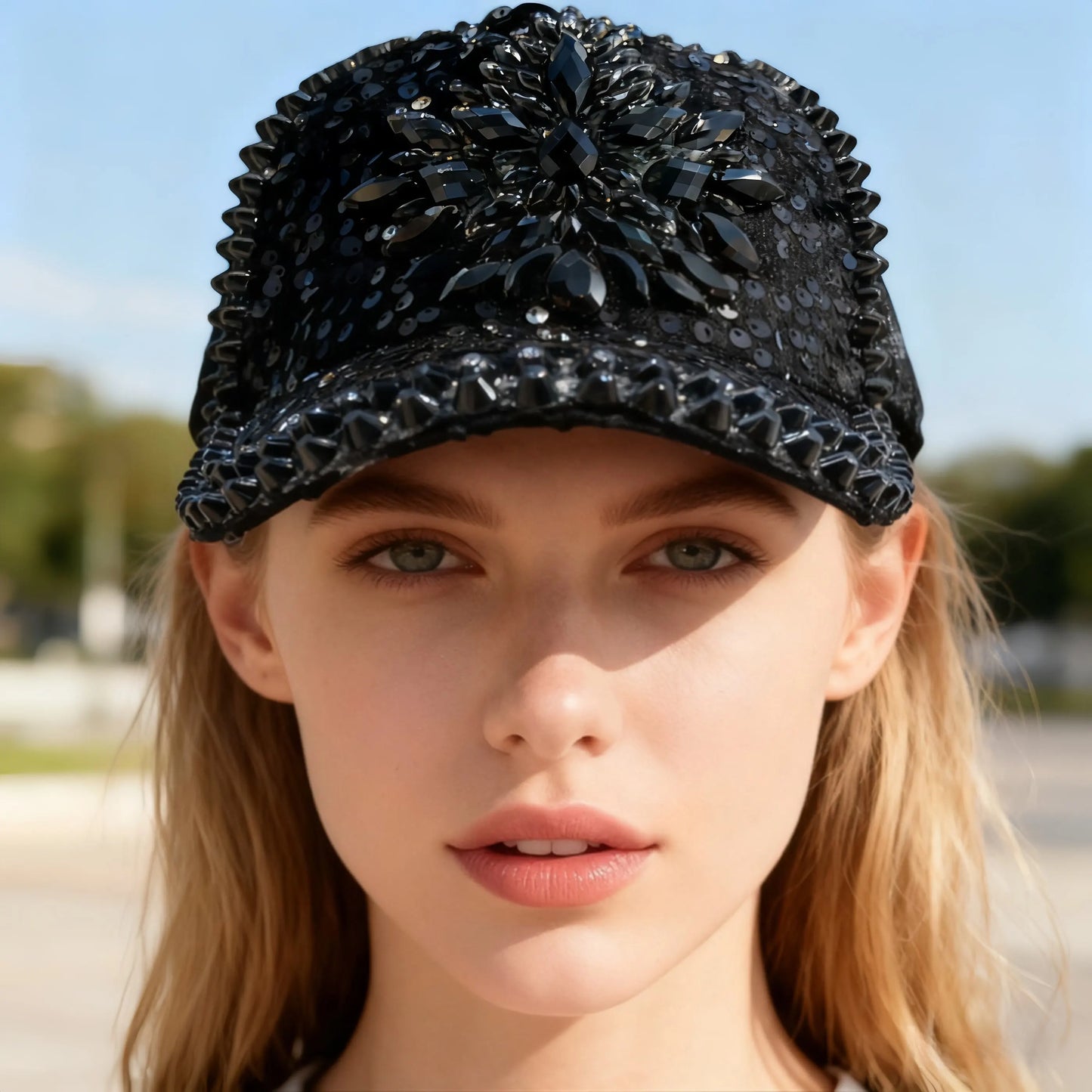 Black Luxury Steampunk Rhinestone Baseball Cap for Women
