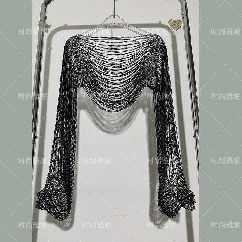 Fashion Heavy Diamond Shawl Bust Long Sleeve Top Sexy Girl Evening Dress V-Neck Slim Hip Wrap Tassel Suspender Dress 2-piece Set