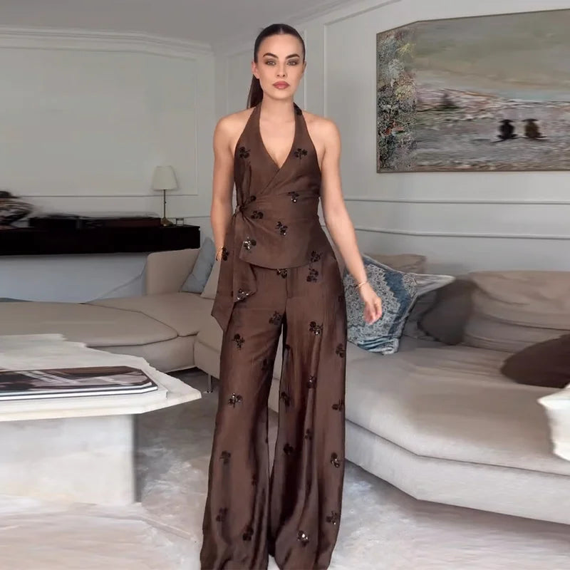 Elegant Sequin Halter Top and Wide Leg Pants Two Piece Set for Women