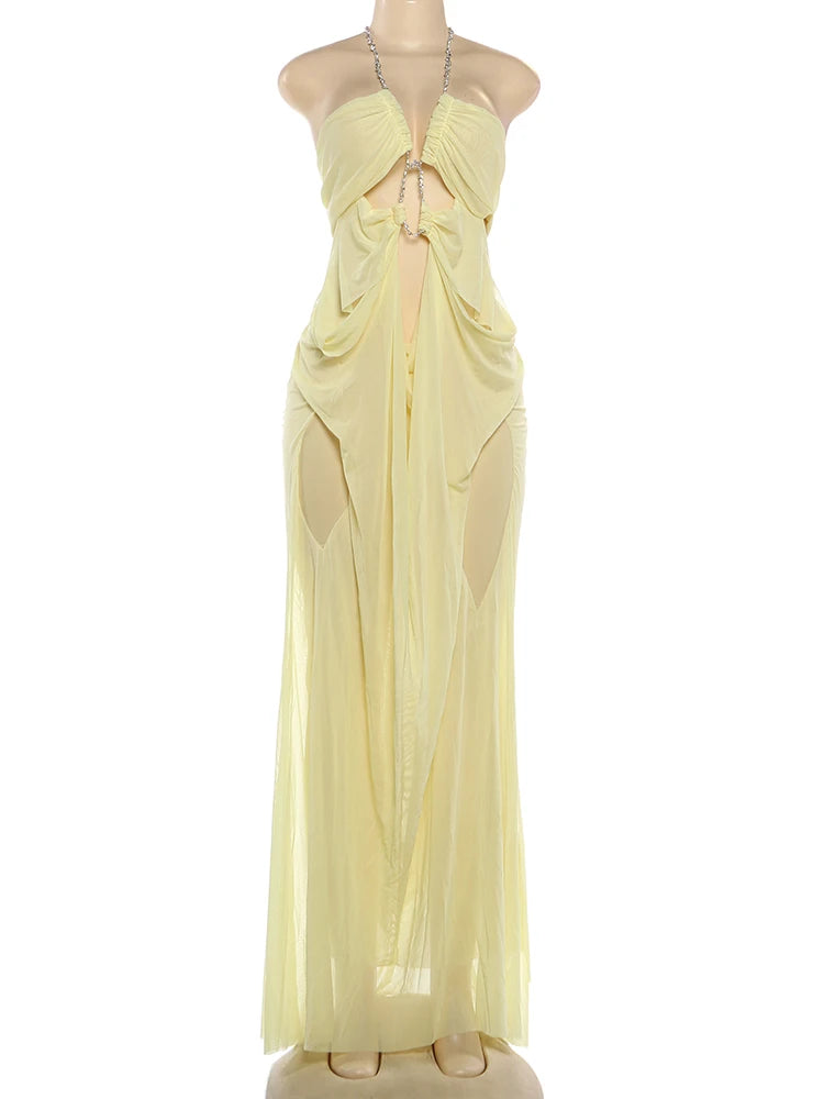 See Through Halter Backless Ruched Patchwork Dress for Women