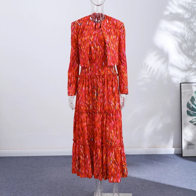 Printed Halter Neck Maxi Dress and Cropped Jacket Set for Women