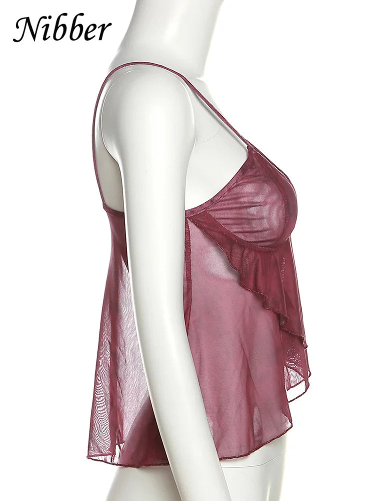 Nibber Mesh See Through Printed Vest Women Sexy Casual V-neck Sleeveless Suspender Camisole Patchwork Tank Top Streetwear