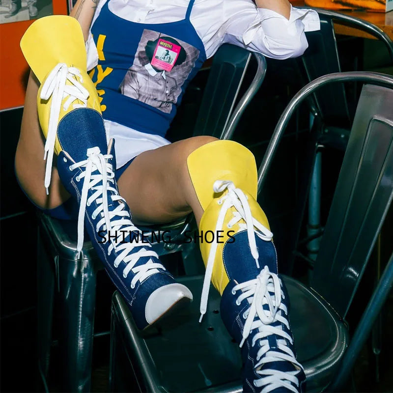 Patchwork Canvas Knee Boots