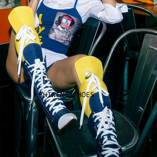 Patchwork Canvas Knee Boots