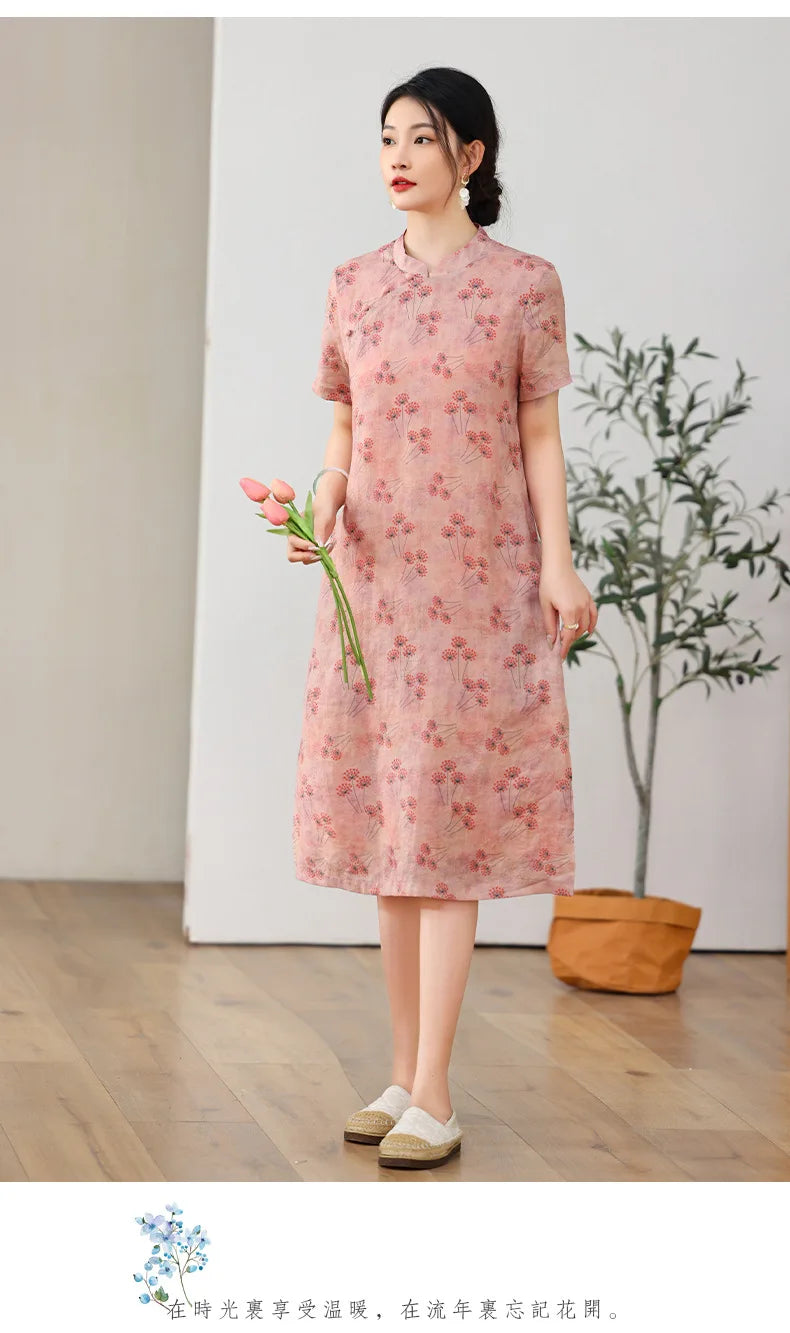 Elegant Floral Vintage Ramie Cheongsam Dress for Women