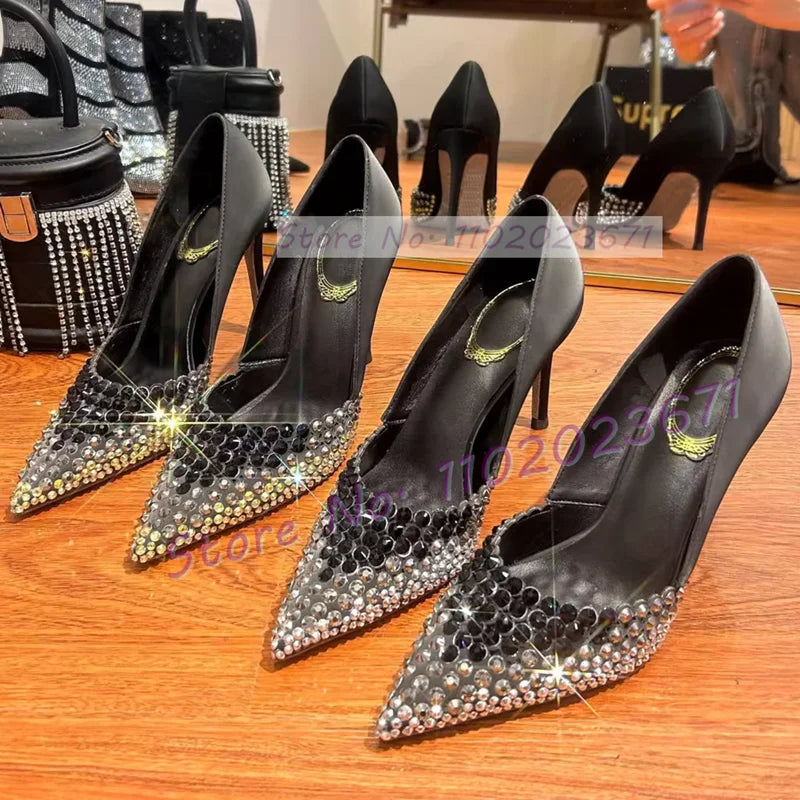 Gradient Rhinestone Luxury Pointed Toe Pumps Women Summer Stiletto High Heels Sexy Shoes Ladies Elegant Silver Sloe Party Pumps