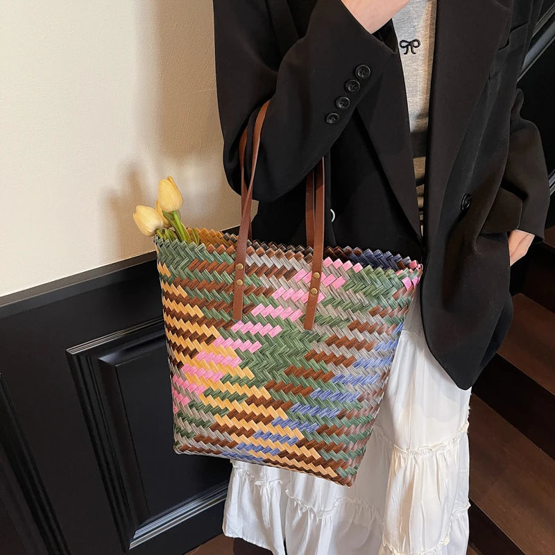Colorful Braided PVC Tote Bag for Women With Large Capacity