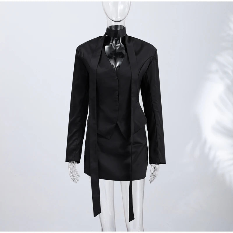 Turn-Down Collar Tailored Blazer Skirt Set for Women