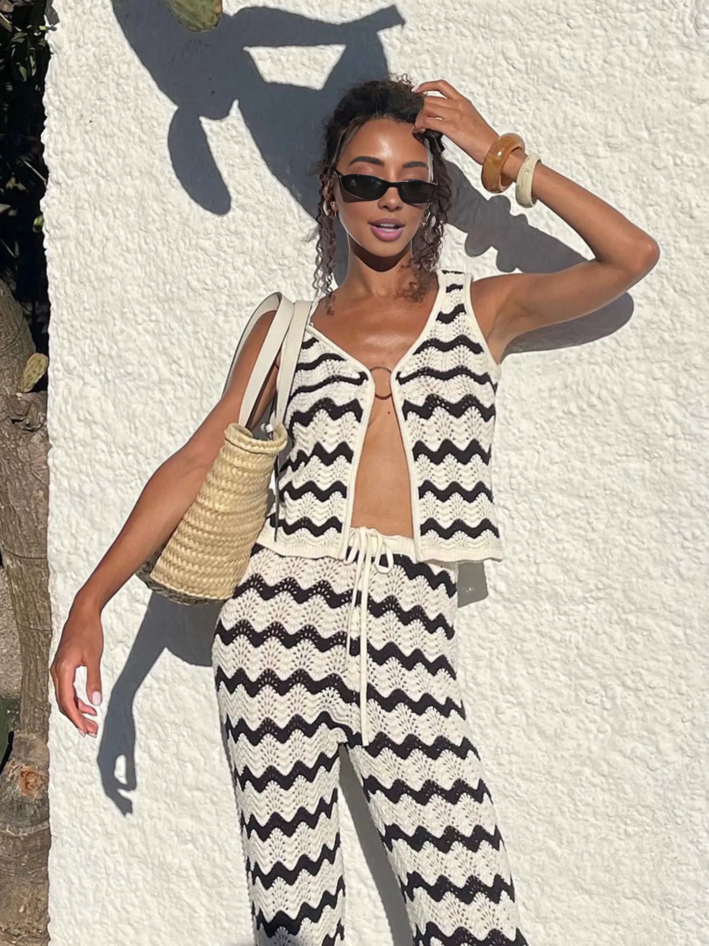 2025 Wave Striped Knit 2 Piece-Set Women's Fashion Top Lace-up Long Pant Knitwear Sets Holiday Swimsuit Cover Up Outfits K130