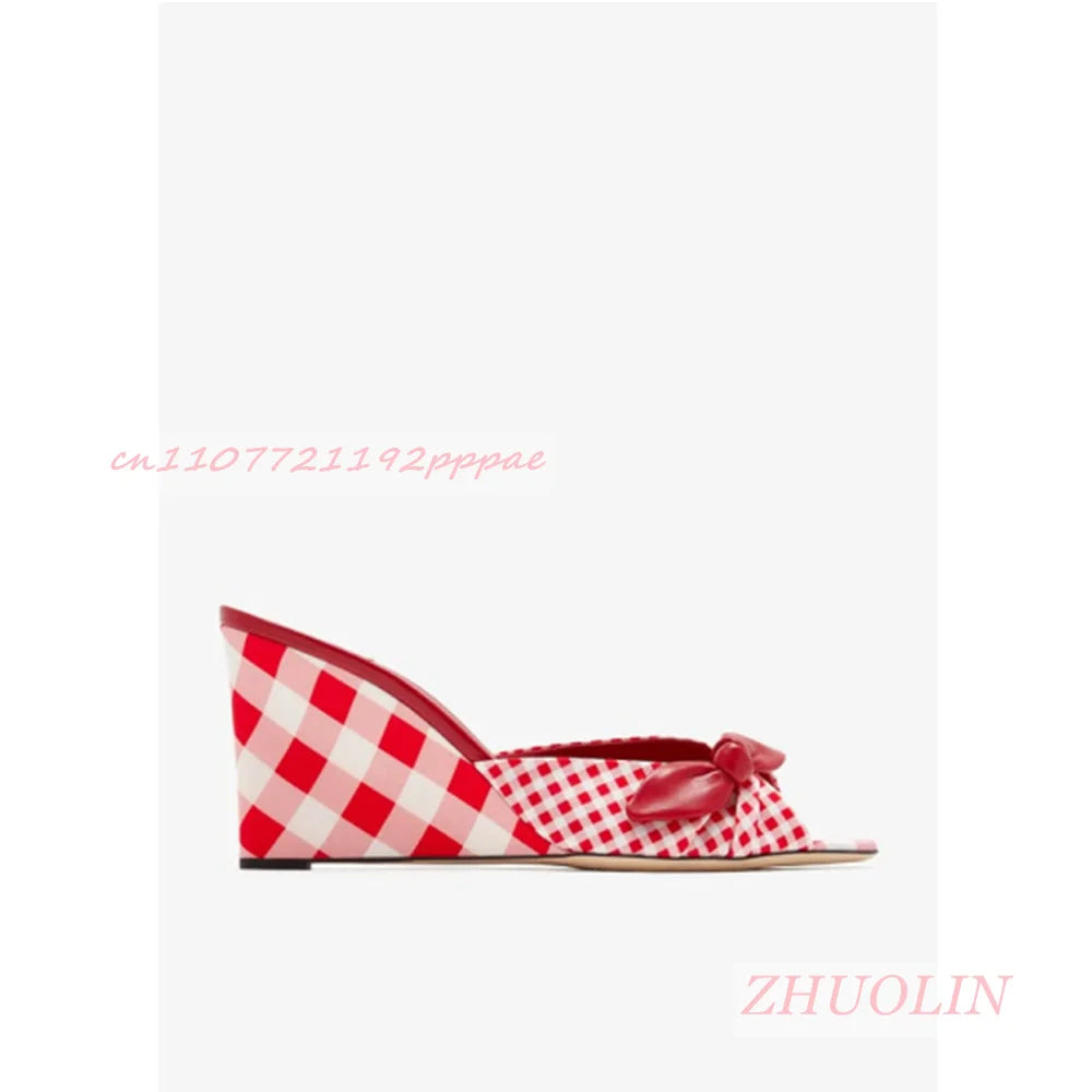 Gingham Check Leather Bow Open Toe Wedge Mules for Women
